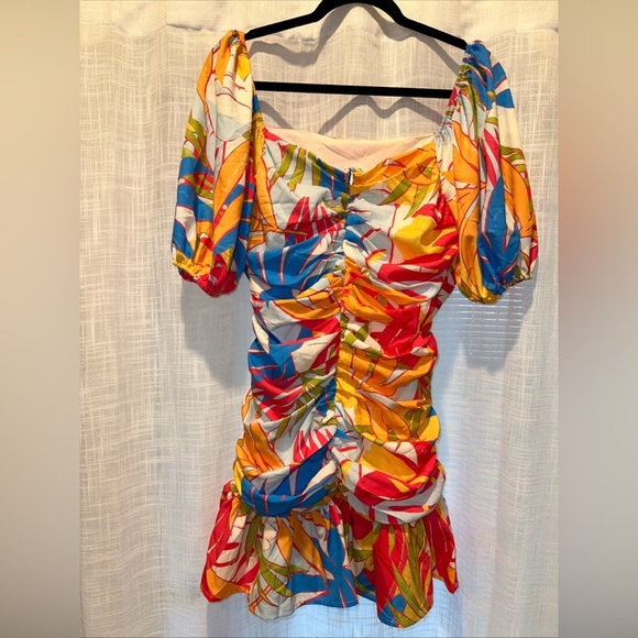 Flying Tomato Womens Sz L Mini Dress Colorful Vacation Tropical Puff Sleeve - Picture 11 of 12